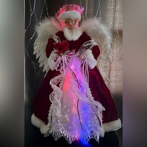 Elegant Red Angel Tree Topper with Lights
